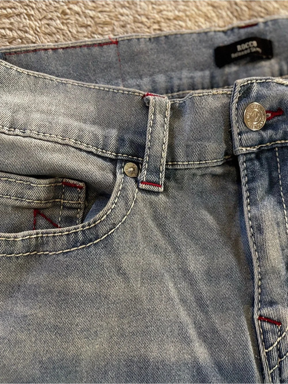 True Religion Light Wash Denim Rocco Skinny Jean Shorts with Red Stitching